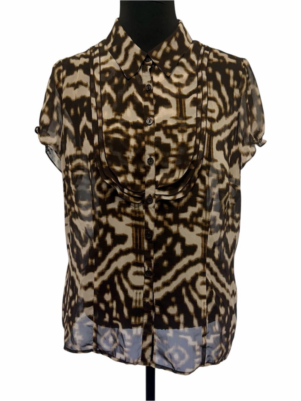 East 5th XL Brown Cream Abstract Print Sheer Button Front Career Blouse Top